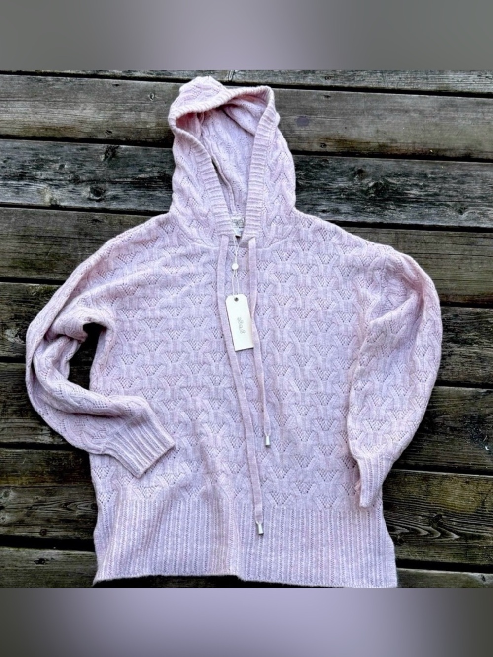 Greige Open/Pointelle Knit Hooded Pink Sweater Size Small